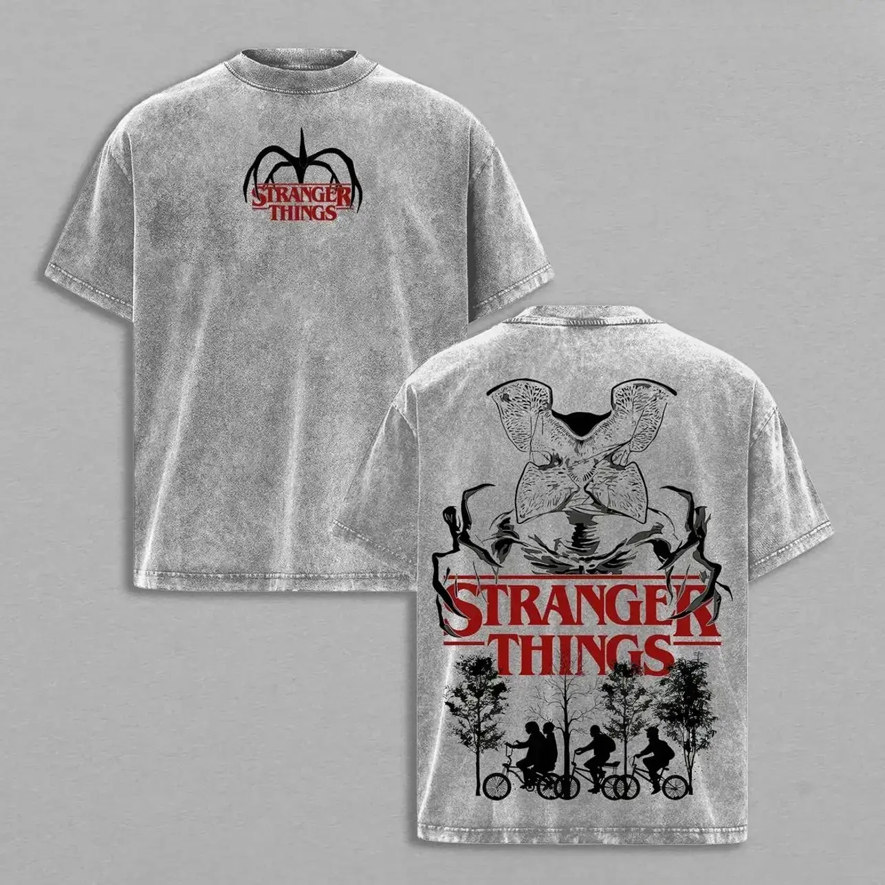 Stranger Things T Shirt Vintage Washed Oversized Graphic Tee Demogorgon Retro Horror Series Shirt Hawkins Bike Scene Streetwear Top for Fans Men Women FK7
