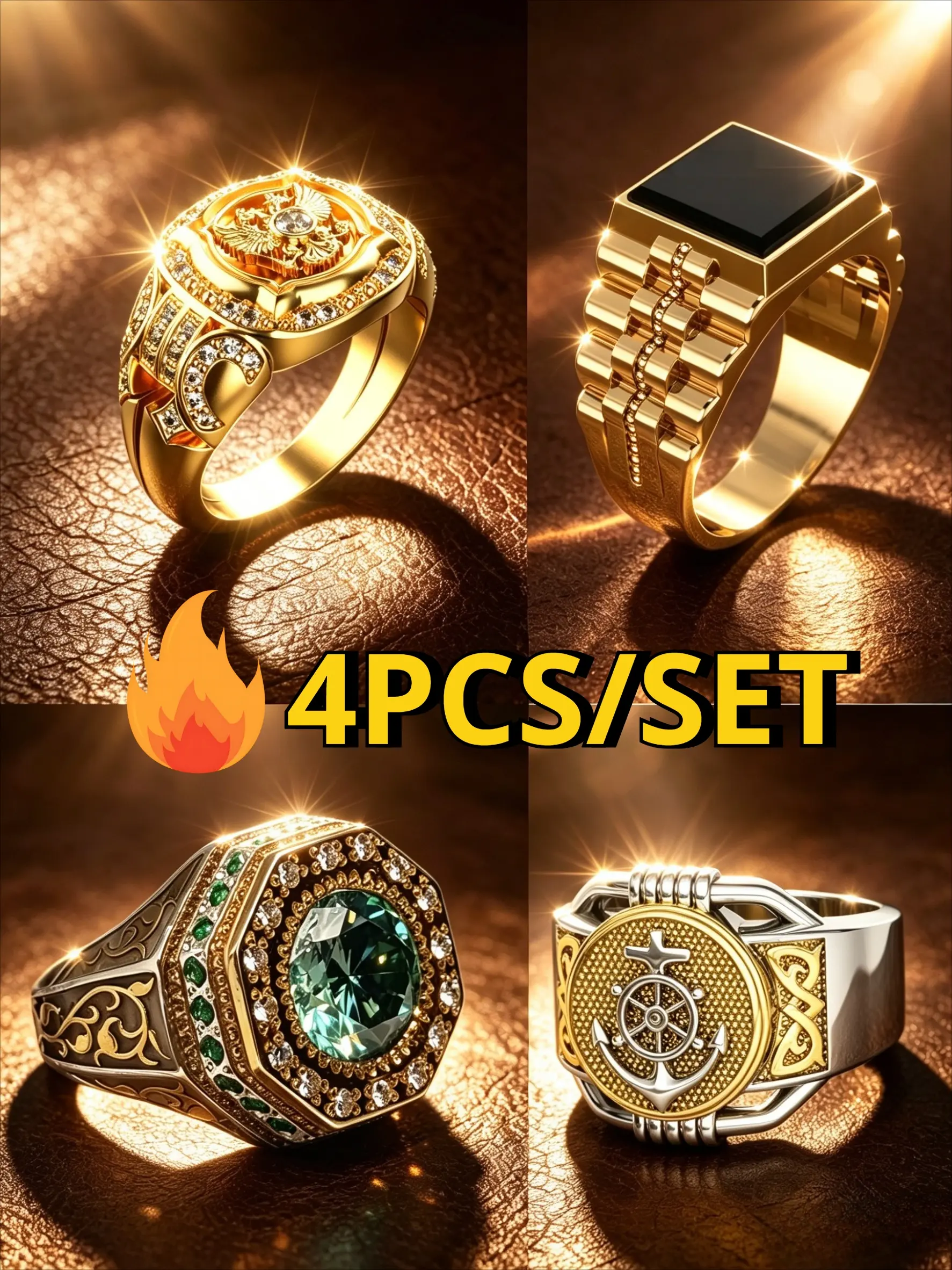 4 Pcs Men's Signet Ring Set, Vintage Rings, Multi Design Eagle Anchor Wide Band Finger Ornament Single & Two Tone Plated Luxury Vintage Business Nautical Gothic Stack Jewelry For Banquet Travel Photoshoot Valentine Father Birthday Anniversary Holiday Gift