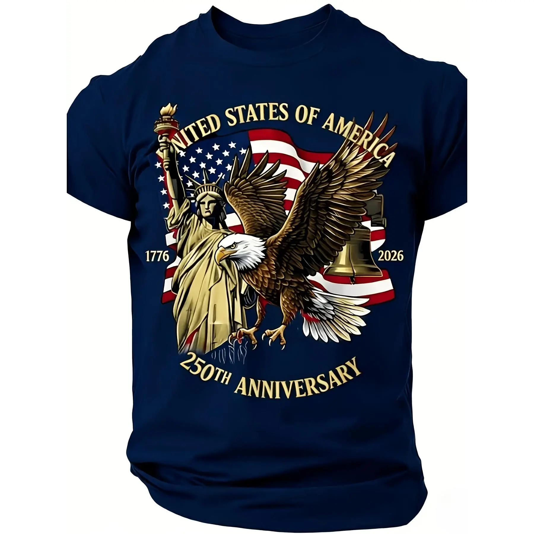 Men's T-Shirt with Chic All Over Patriotic Eagle & Flag Print, Short Sleeve Crew Neck for Independence Day Holiday Party, Plus Size, All Over Print, Cute
