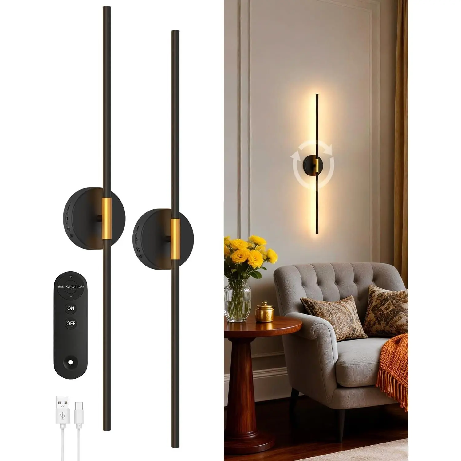 Battery Operated Wall Sconces Set of 2, 360° Rotatable Wall Sconce with Remote, 3000K Dimmable Magnetic Mount Wall Sconces, Rechargeable 28.3inch Wall Lights for Bedroom, Living Room, Dinning Room