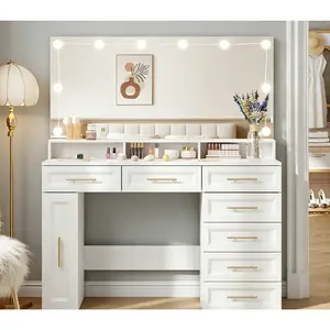 [Summergarden] Vabches Large Makeup Vanity Desk, 47" White Vanity Table with Mirror and Lights, 3 Modes Adjustable Brightness and Jewelry Cabinet, Glass Top Vanity with Power Outlet and 7 Drawers for Bedroom