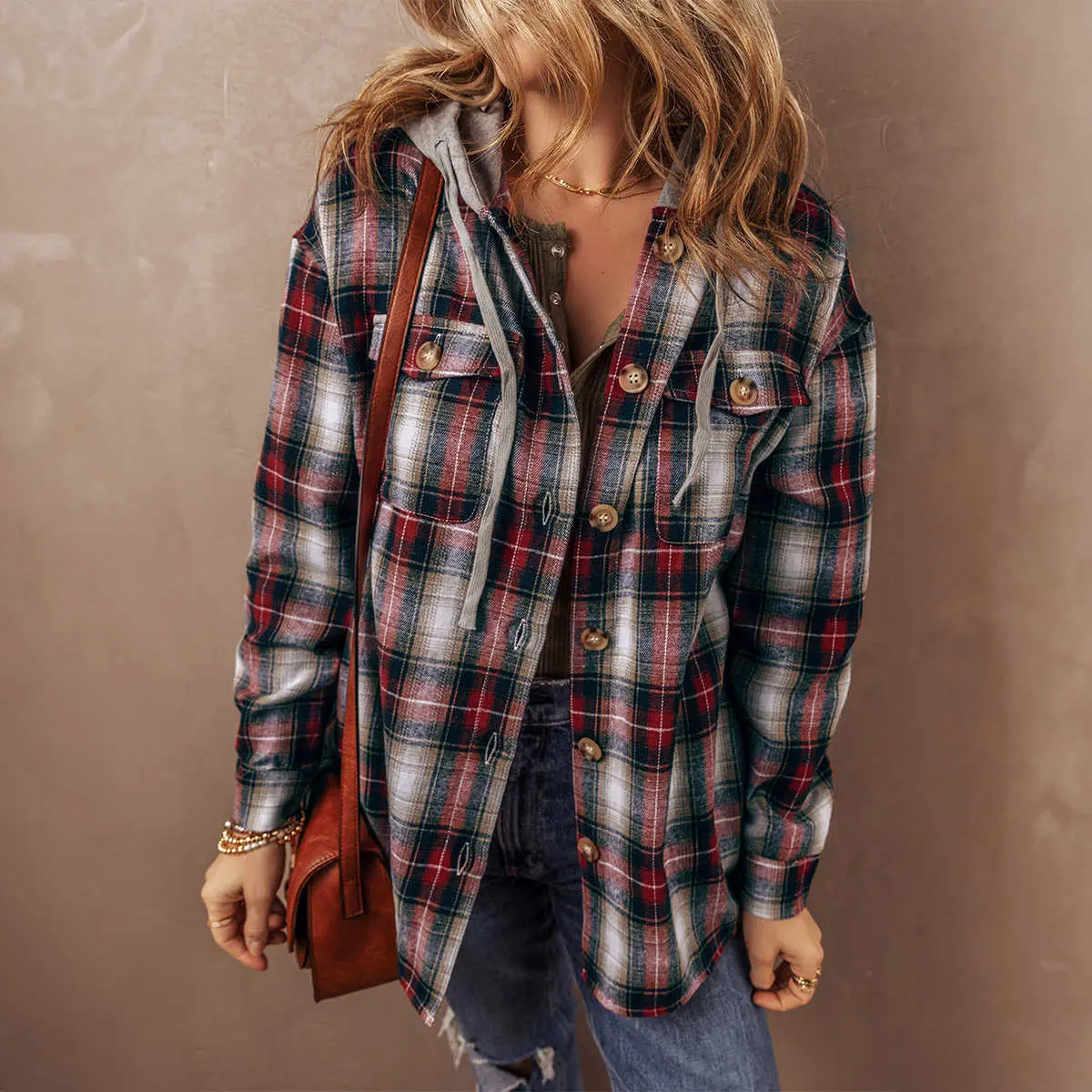 Red Plaid Print Chest Pocket Buttoned Hooded Shacket