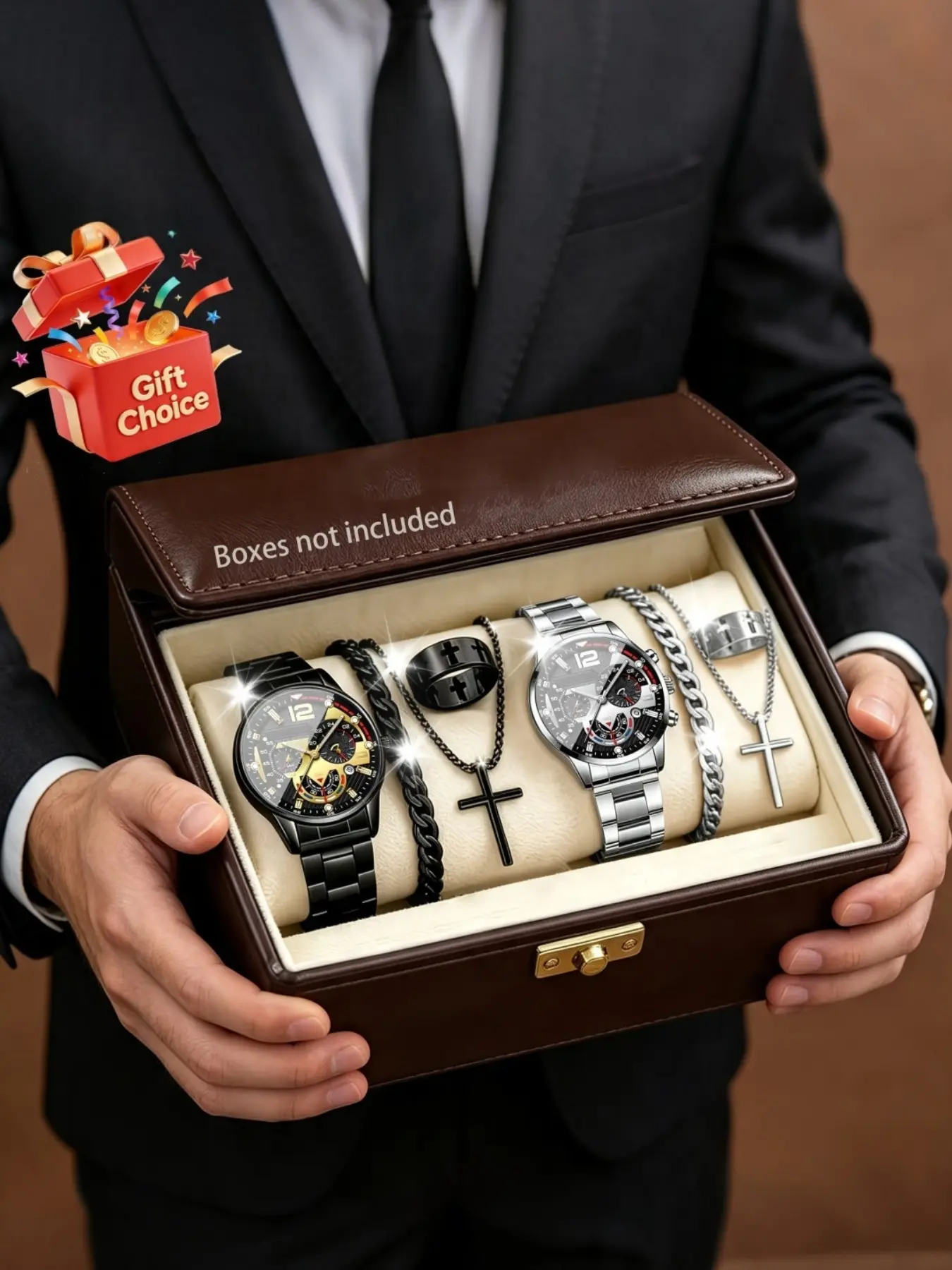 8pcs Men's Watch Set, Fashion Business Watch + Jewelry, Minimalist Design, Perfect for Gifts, All Seasons, Quartz Movement, Zinc Alloy Case