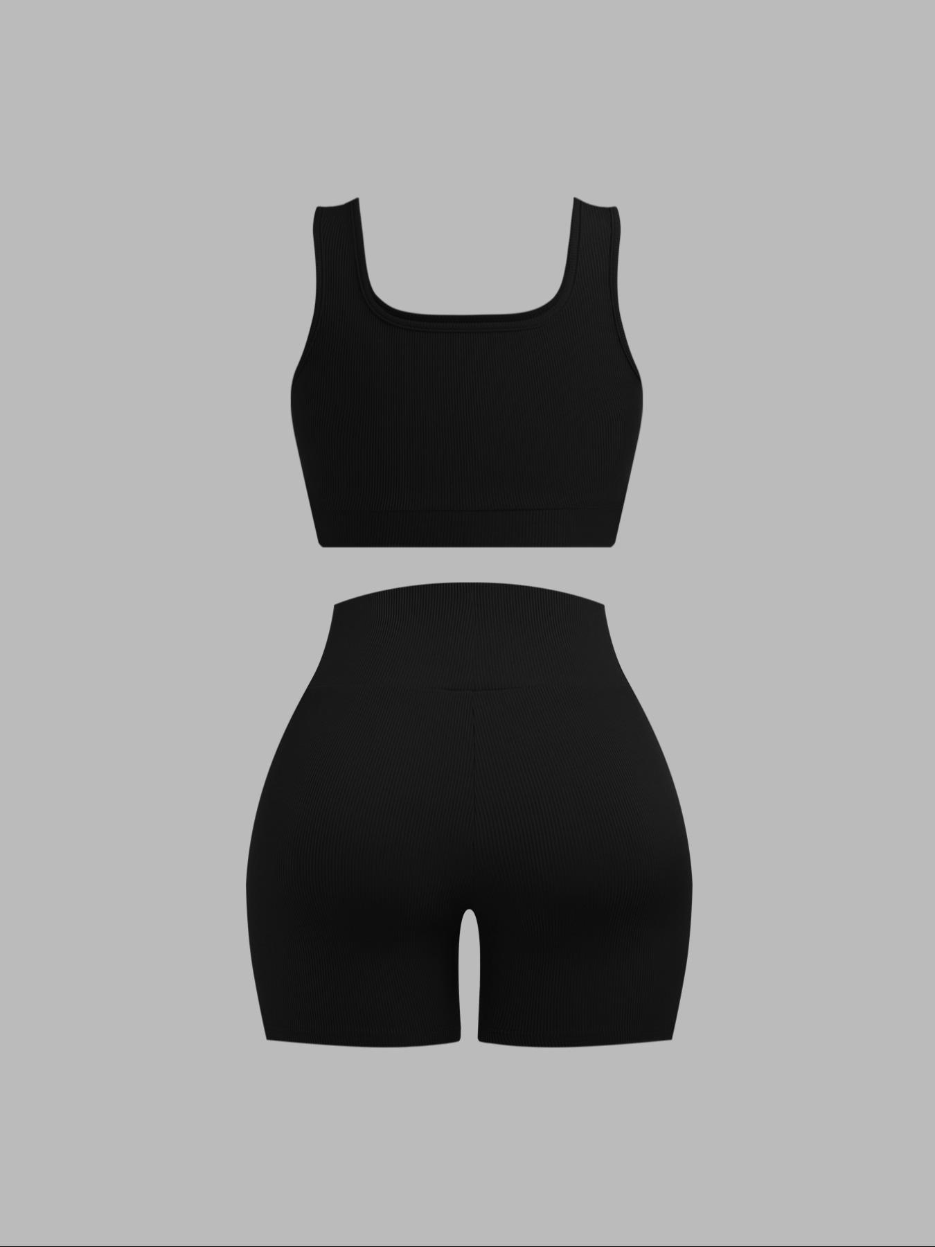 Women's Solid Crop Tank Top & High Waist Shorts Ribbed Set, Casual Sleeveless Square Neck Crop Top & Skinny Shorts, Ladies Summer Outfits 2024 for Daily Wear Workout Set, Athleisure Wear Set