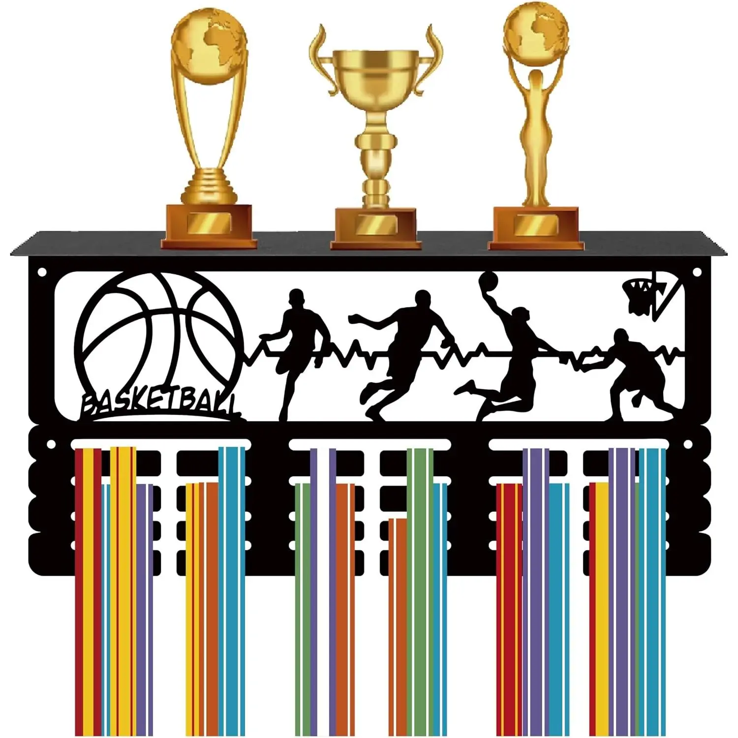 Basketball Medal Holder Trophy Shelf Hanger Display with Shelf Stand  4 Rows Wall Mount Hold 70+ Medals for Men Gymnastics Soccer Running Swimming Awards Rack 15.7 x 7.9 Inch