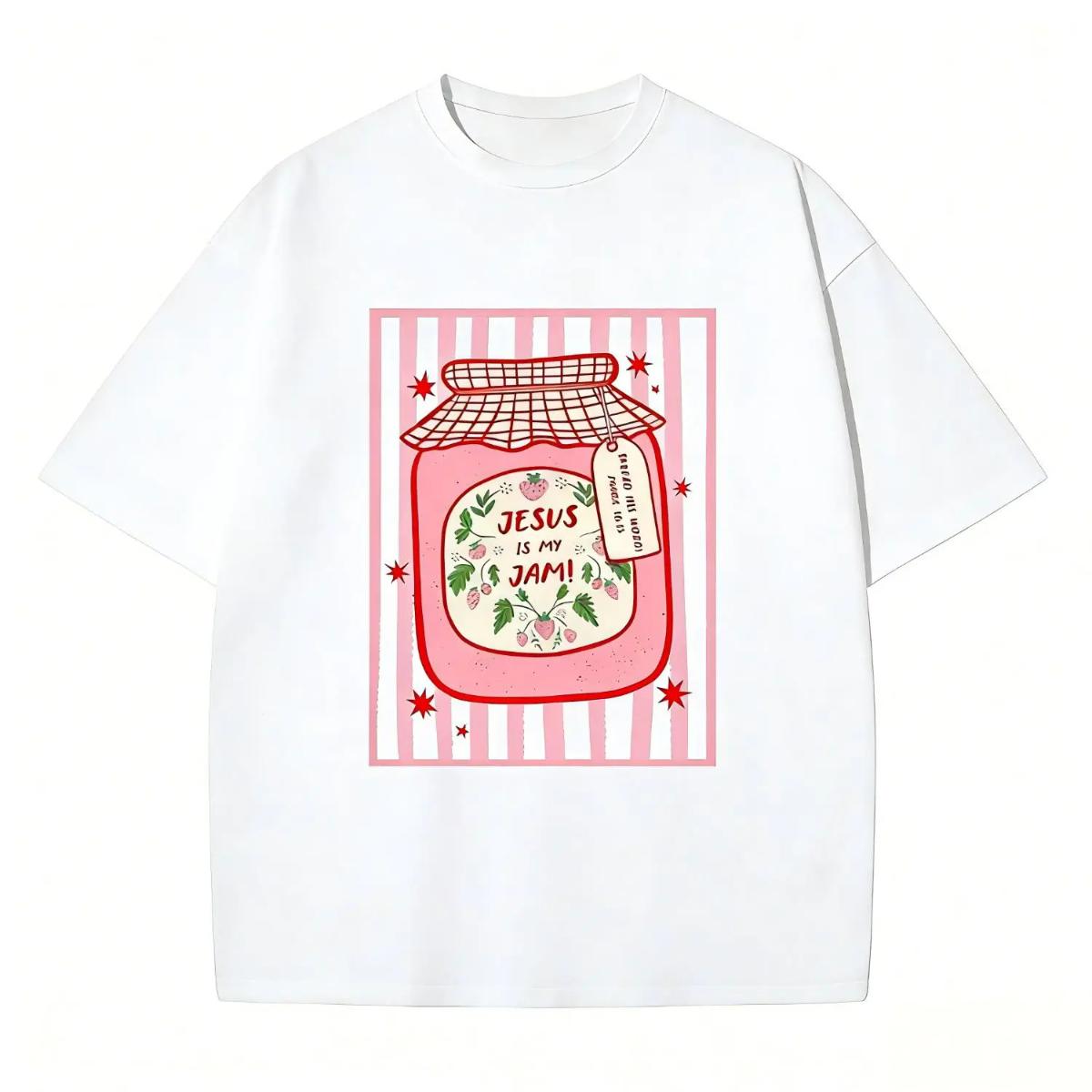 Jesus Is My Jam Strawberry Jam Jar Graphic Printed T-Shirt, Pink Washed Christian Tee, Crew Neck Cotton Polyester Graphic Shirt, y2k Fashion Casual Streetwear Humor, Everyday Outfit, Trendy Aesthetic Outfit 2026, Gifts, SuperYi