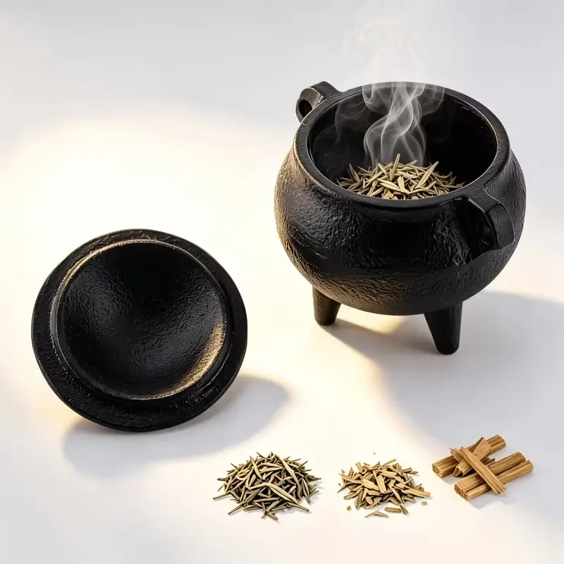 Vintage Iron Cast Incense Burner with Lid and Handle, Durable Three-Legged Design, Ideal for Sage and Cedar, Home Meditation Altar Decor