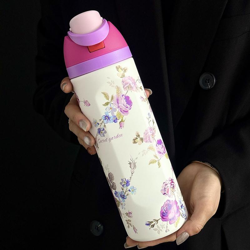 Floral Pattern Vacuum Flask, 1 Count 24oz-32oz-40oz Insulated Double Wall Stainless Steel Water Bottle, Stainless Steel Thermal, Drinking Cup for Home Office School Travel, Drinkware, Insulated Thermos, Stainless Steel Tumbler