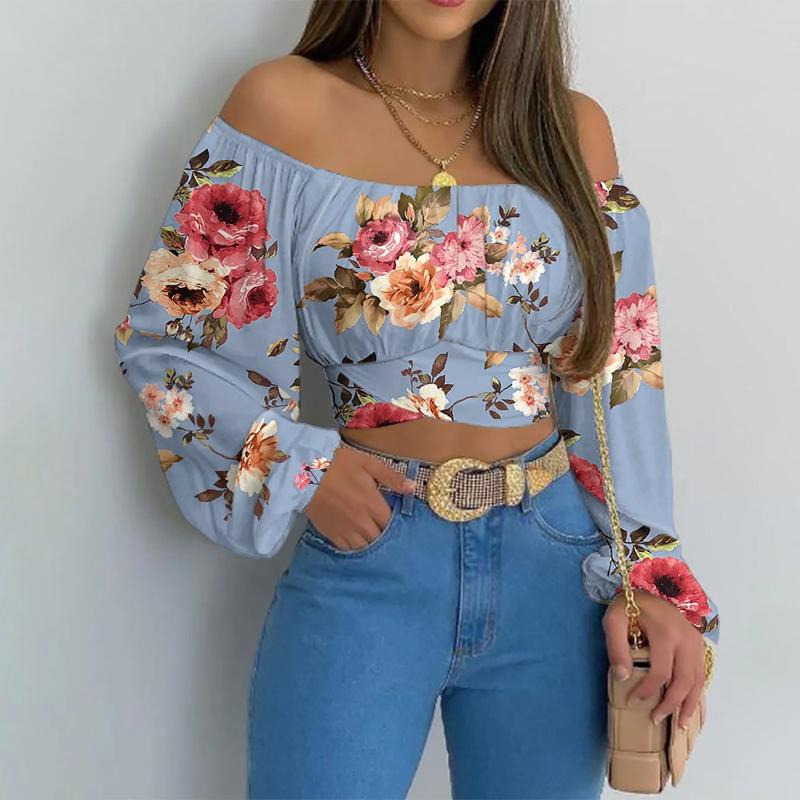 Aria Muse Women Sexy Off Shoulder Blouse Chic and Elegant Printing Lantern Long Sleeve Lace Up Bow Cropped Tops Casual Slim Shirts 2026