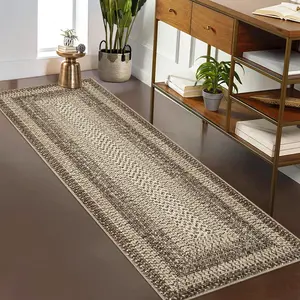 Garvee Washable Runner Rug for Kitchen 2x6 Non-Slip Non-Shedding Bordered Carpet, Low Pile Stain-Resistant Carpet, Washable Modern Braided Print Accent Rug for Bedroom Hallway Entryway, Natural