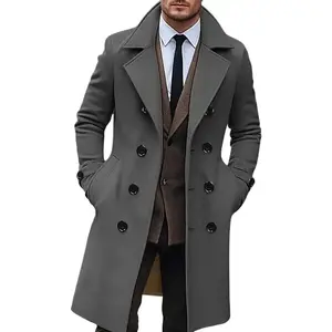 18ACTIVEKITElegant men's grey diagonal pea coat - warm, double breasted, long sleeved with side pockets and brown trim - casual solid color winter cardigan, suitable for streetwear, casual streetwear | double breasted design | button coat
