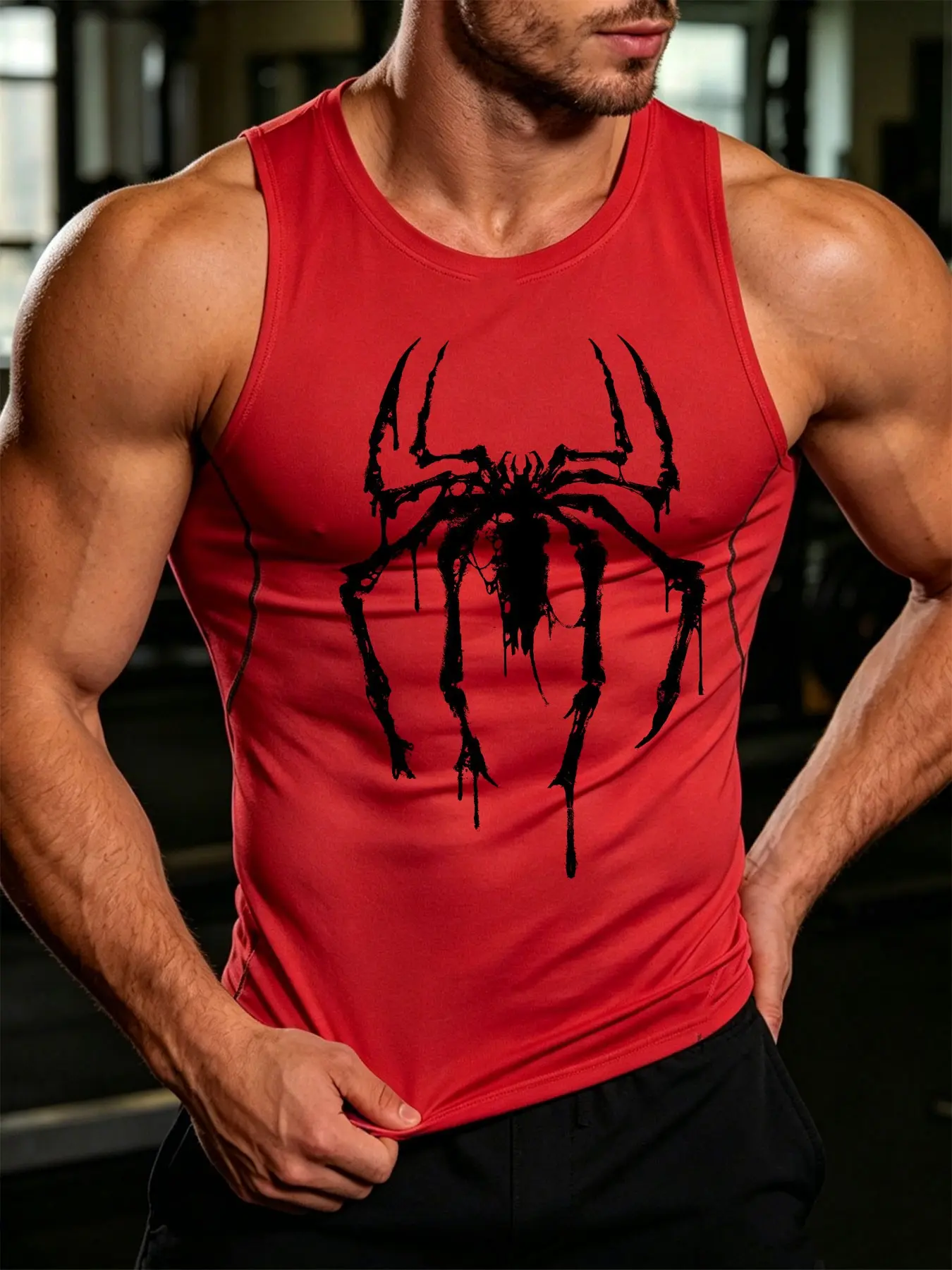Men's Y2K Spider Print Gym Vest, Activewear Sleeveless, Summer Quick Dry Sleeveless Top, Athletic Training Sports Wear, Sporty Style, All Seasons, Fitness Sports Tank