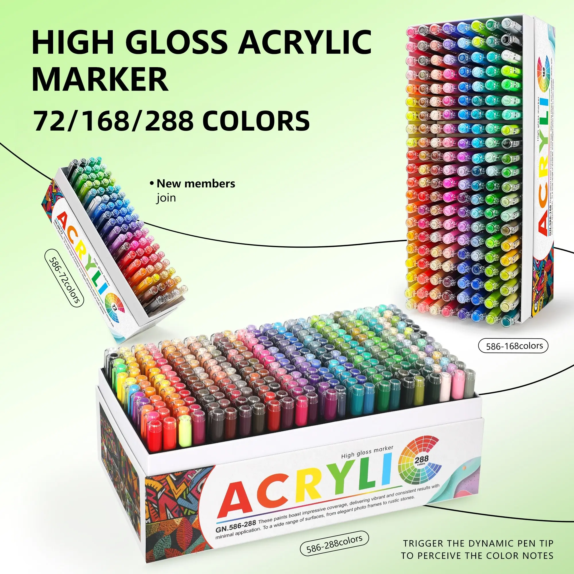 Guangna High Gloss Acrylic Marker Set, 72/168/288 Colors, Waterproof Fast-Drying, DIY Art Brushes for Stone Glass Canvas