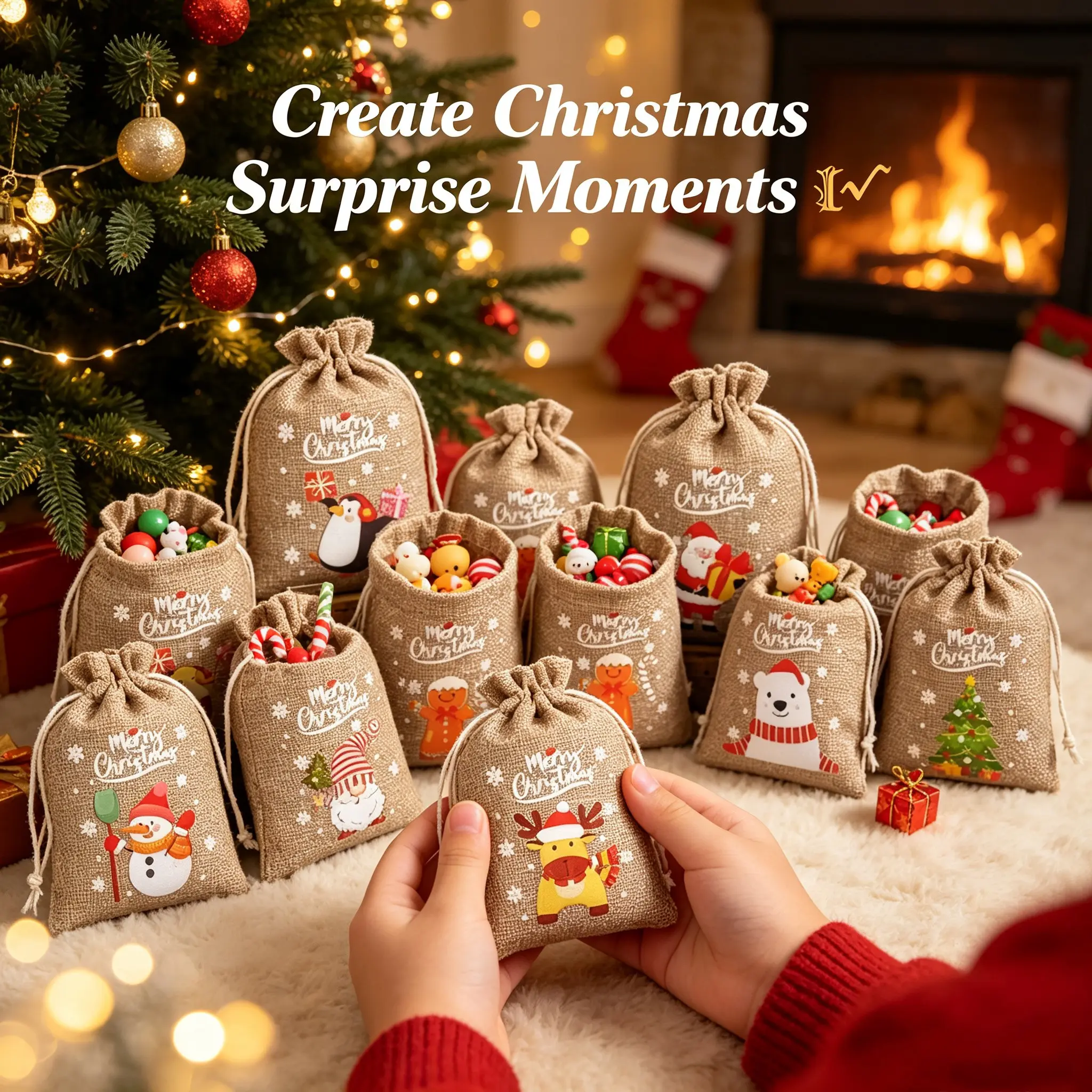 24PCS Christmas Gift Bags Set, Reusable Drawstring Santa & Snowman Treat Bags for Kids, Holiday Party Favor Bags and Gift Wrapping