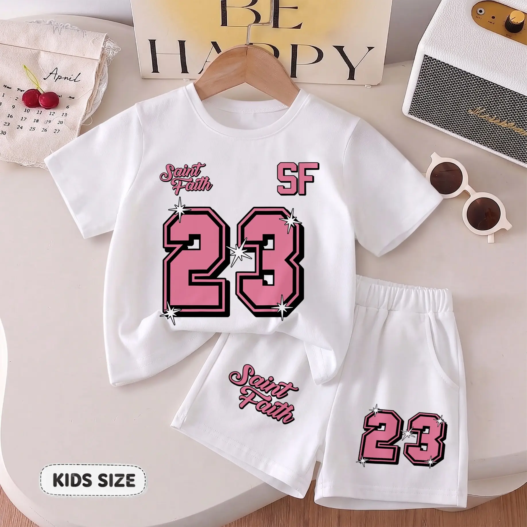 Girls’ Saint Faith 23 Graphic T-Shirt & Shorts Set, Casual Summer Two-Piece Outfit, Soft Breathable Kids Streetwear for Daily Wear, School, Playtime and Travel