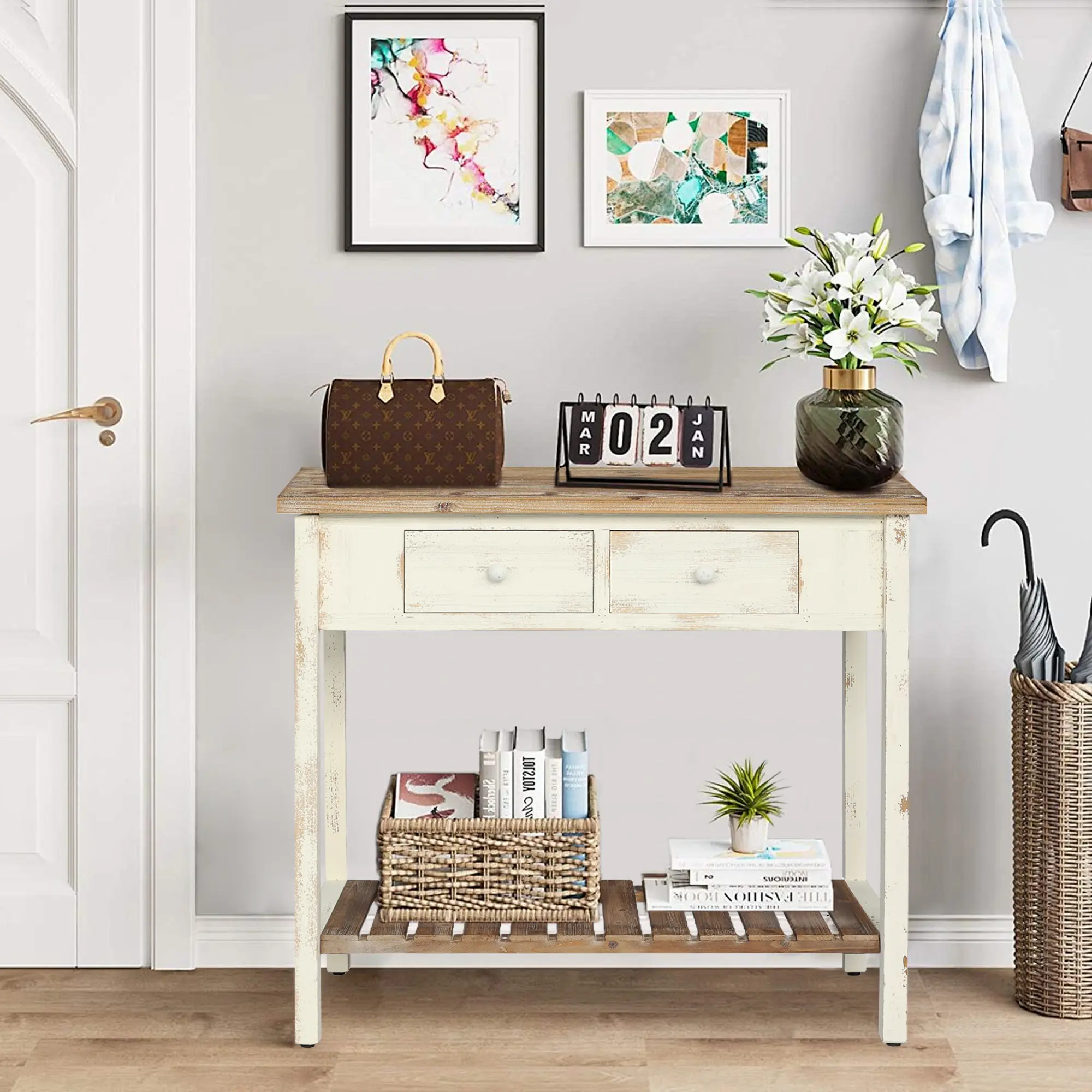 ARCH Vintage Two-Drawer Console Table with Open Shelf, Distressed Antique Natural Finish, MDF Wood, 15.55W x 35.43D x 31.69H in, for Entryway, Living Room, Hallway, Sofa Table, Storage Cabinet, Entry Table, Accent Furniture, Antique Natural Color