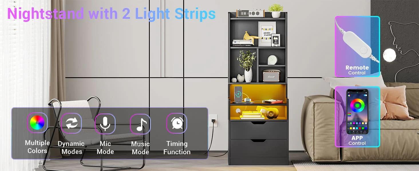 Sikaic LED Tall Nightstand with Bookshelf Charging Station Black Modern Bedside Table with RGB LED Lights & Storage Drawers - Tabletop Design