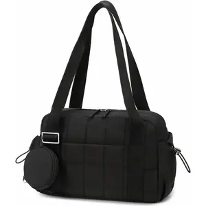 Mini Gym Bag for Women, Small Gym Tote Bag Puffy Quilted Sports Duffel Bag with Wet Compartment and Coin Purse Duffel Bags Dance Yoga Workout Bag for Gifts (All Black, Mini-12.6")(Gift)