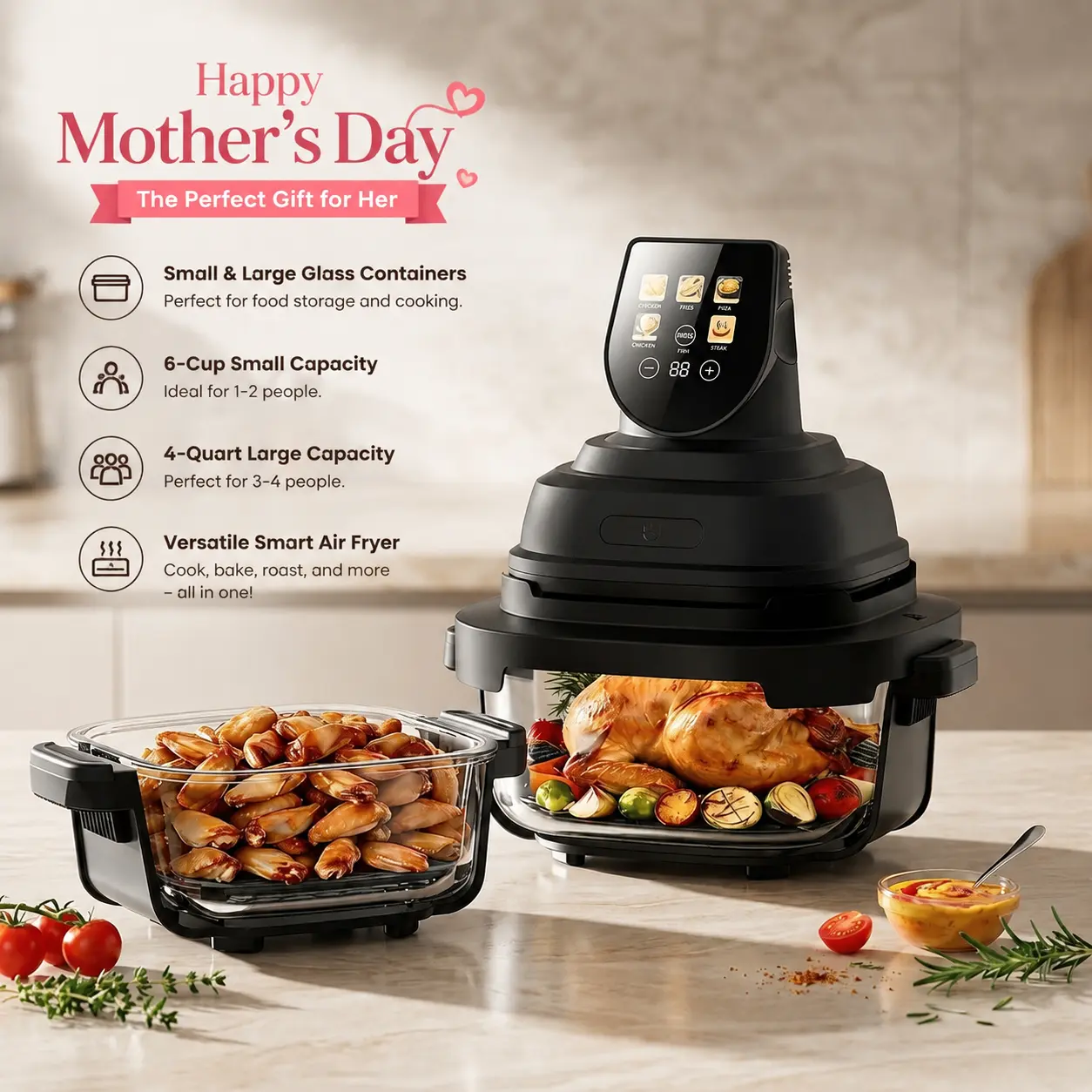 CHDEXIN Versatile 4-Quart Glass Air Fryer, Non-Toxic Food-Safe Transparent Cooking Pot, 1500W Quick Heat Circulation, Space-Saving Dishwasher Cleanable Air Fryer for Home Daily Meal Prep, Compact, All-In-One Kitchen Cooking Appliance