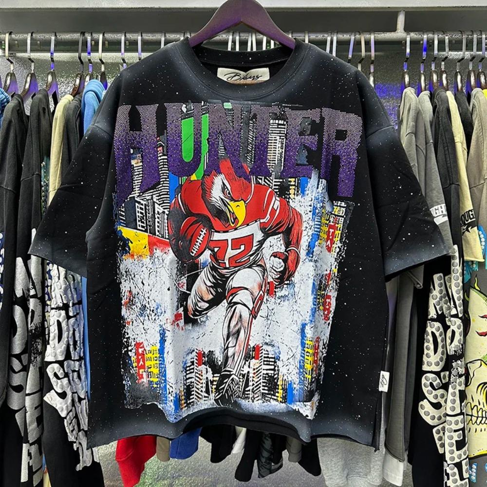 Retro Y2K BKYS Hip Hop Streetwear T-Shirt, Vintage Washed Heavyweight Bling Rhinestone Glitter Print, Loose Casual Unisex Cotton Short Sleeve Tee