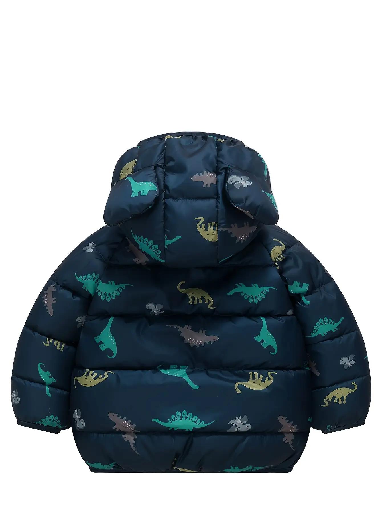 Boys' Dinosaur Hooded Winter Coat - Warm Insulated Jacket with Zipper Closure, Dark Blue Cartoon Dinosaur Print, Soft Polyester for Toddlers & Infants, Autumn & Winter Outerwear, Kids Zippered Sweatshirt, Playful Kids Fashion, Durable Kids Wear, Cold Weat