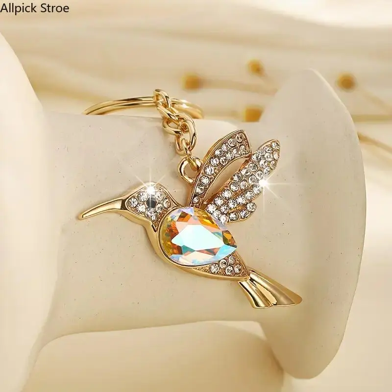Mini Hummingbird Keychain Charm, Cute Alloy Pendant with Crystal Rhinestone Accents for Women's Bags, Bird, Fashion, Split Ring, Small
