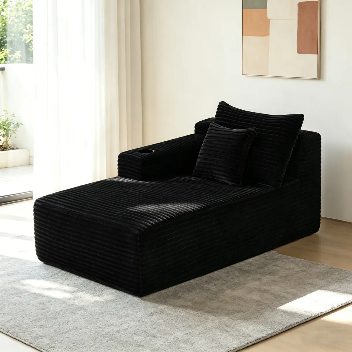 37.5-inch Lounge Chaise Single Recliner Daybed Indoor, Plush Corduroy Upholstered Boneless Recliner Foam Cloud Chair Chaise W/Cupholder & Pillow for Bedroom