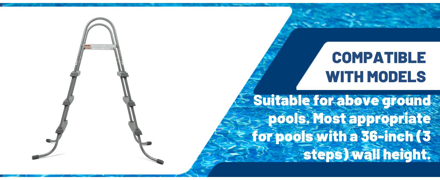 36 Inch Swimming Pool Ladder Above Ground W/ 3 Plastic Removable Steps Non-Slip Heavy Duty Steel - Grey