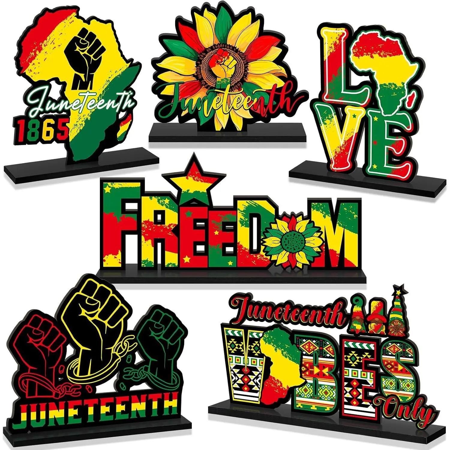 6 Pcs Juneteenth Decorations Wooden Table Centerpieces African American Happy Freedom Day Table Topper Sign Black History Month Decor for Juneteenth Home Desktop Party Decorations