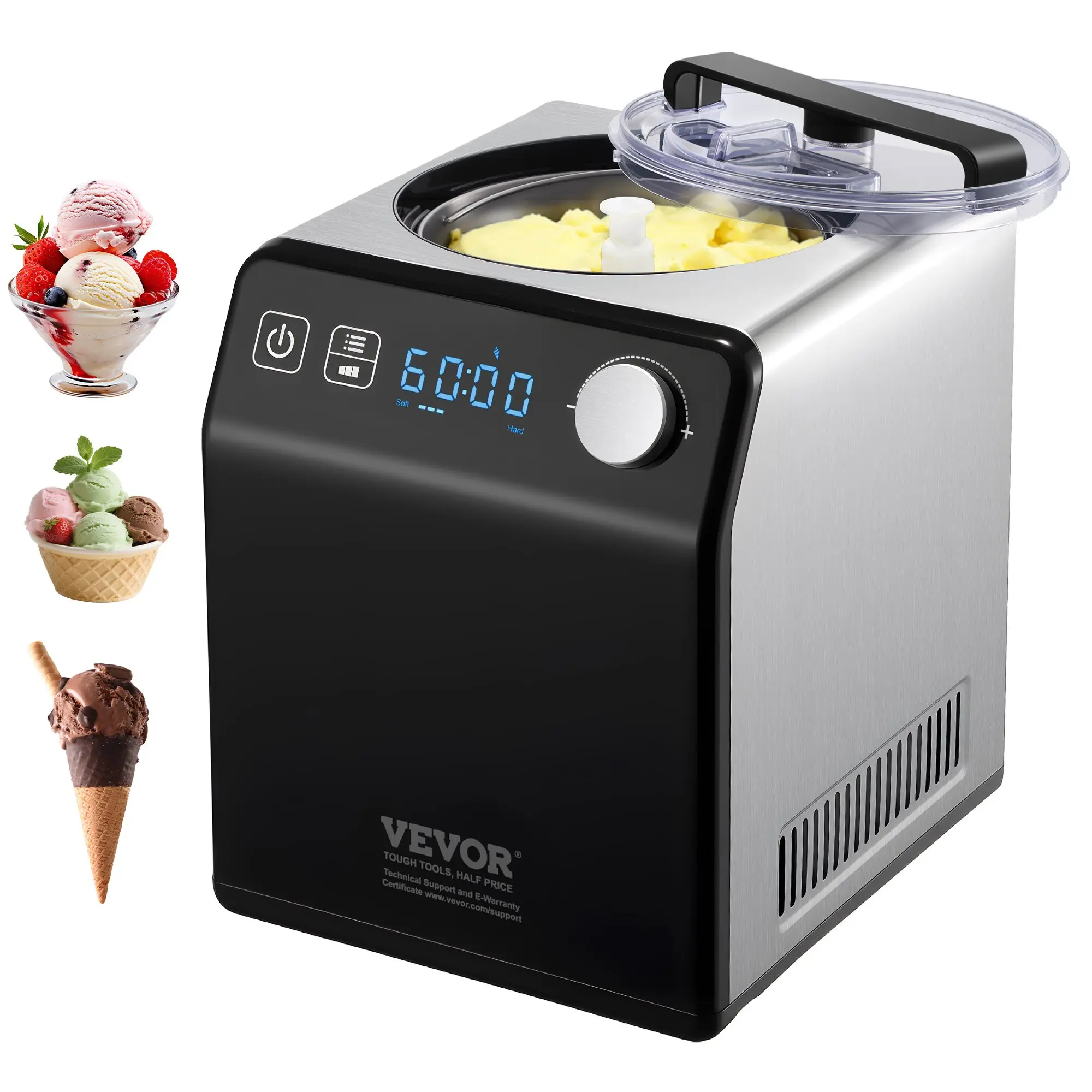 Upright Automatic Ice Cream Maker with Built-in Compressor, 2 Quart No Pre-freezing Fruit Yogurt Machine, Stainless Steel Electric Sorbet Maker, 4 Modes Gelato Maker with Digital Display Timer