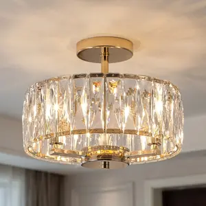 Round gold edged crystal ceiling light with a cut surface of 12.5 inches, transparent crystal refracts soft light, E14 lamp holder (excluding bulb), suitable for use in multiple scenarios such as foyer, bedroom, and hallway