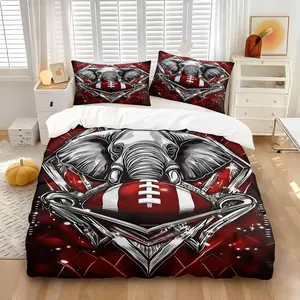 Bold Red & Silver Elephant American Football Bedding Set, 1 Duvet Cover + 1/2 Pillowcases, No Core, HD Vivid Print, Sporty Mascot Elephant with Football Design, Skin Friendly Bedding for Sports Fans & Boys Room