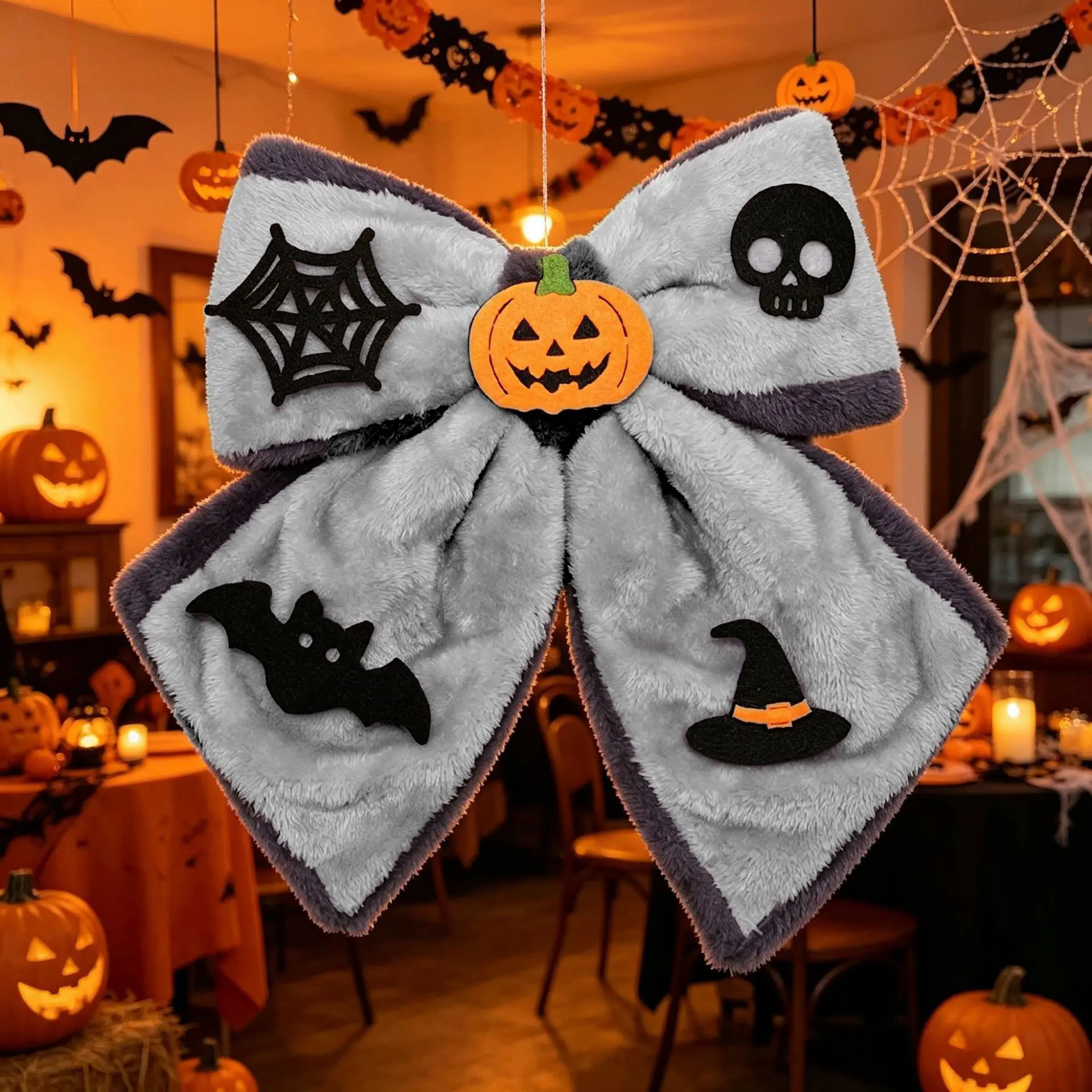 Plush Halloween Bow with Spooky Pumpkin Skulls, Soft Synthetics Fabric Accessory for Party Decorations and a Playful Look
