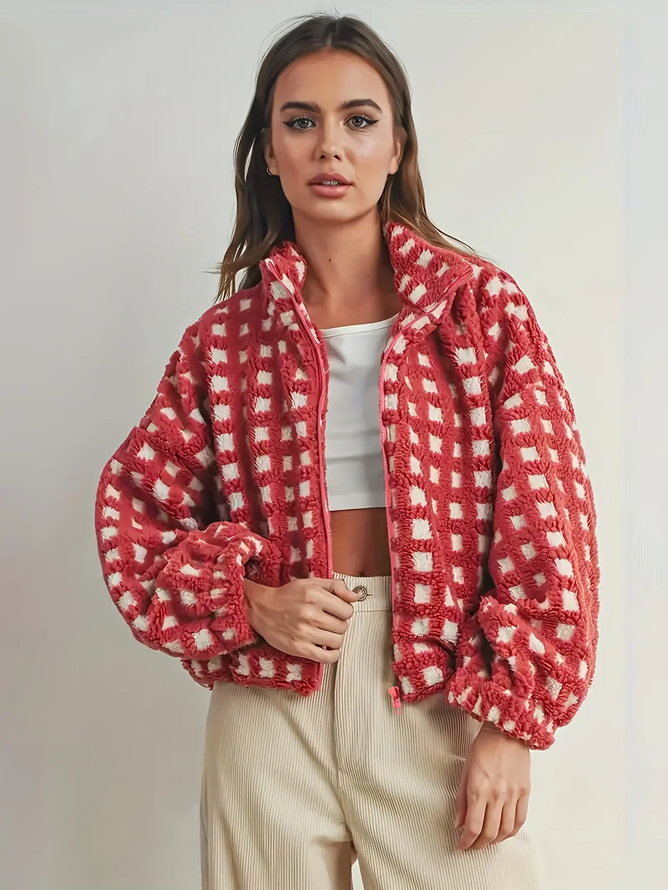 Women's Plaid Faux Fur Coat, Fashionable Design, Fall & Winter Outerwear, Trendy Women's Clothing, Fashion Casual Outerwear