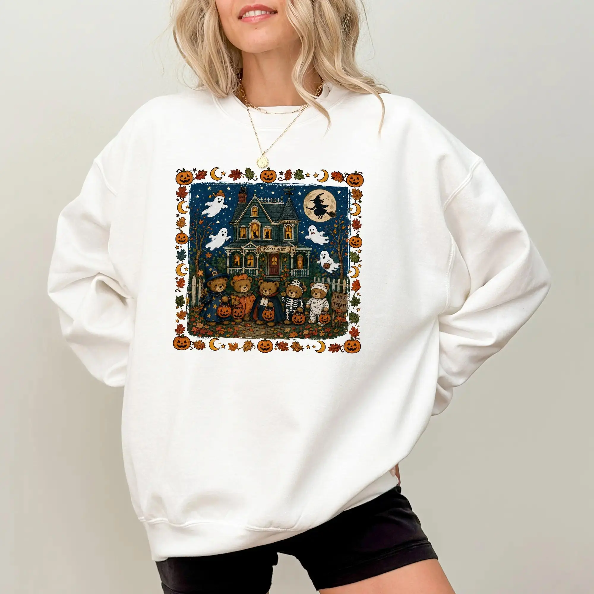 Women's Pullover Sweatshirt, Vintage 90s Halloween Teddy Bear Graphic, Smooth Polyester Blend Long Sleeve Crewneck, Casual Top for Everyday Fall Wear
