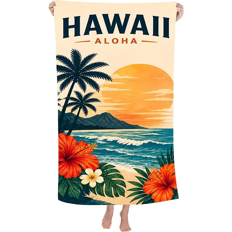 1 PC 30*60 Inch/35*72 Inch, Size Choice, Sunshine Aloha Hawaii Tropical Hibiscus Coconut Tree Quick Dry Sand Free Beach Bath Towel for Travel Picnic Camping, Outdoor Hawaiian Waves Pool Towels