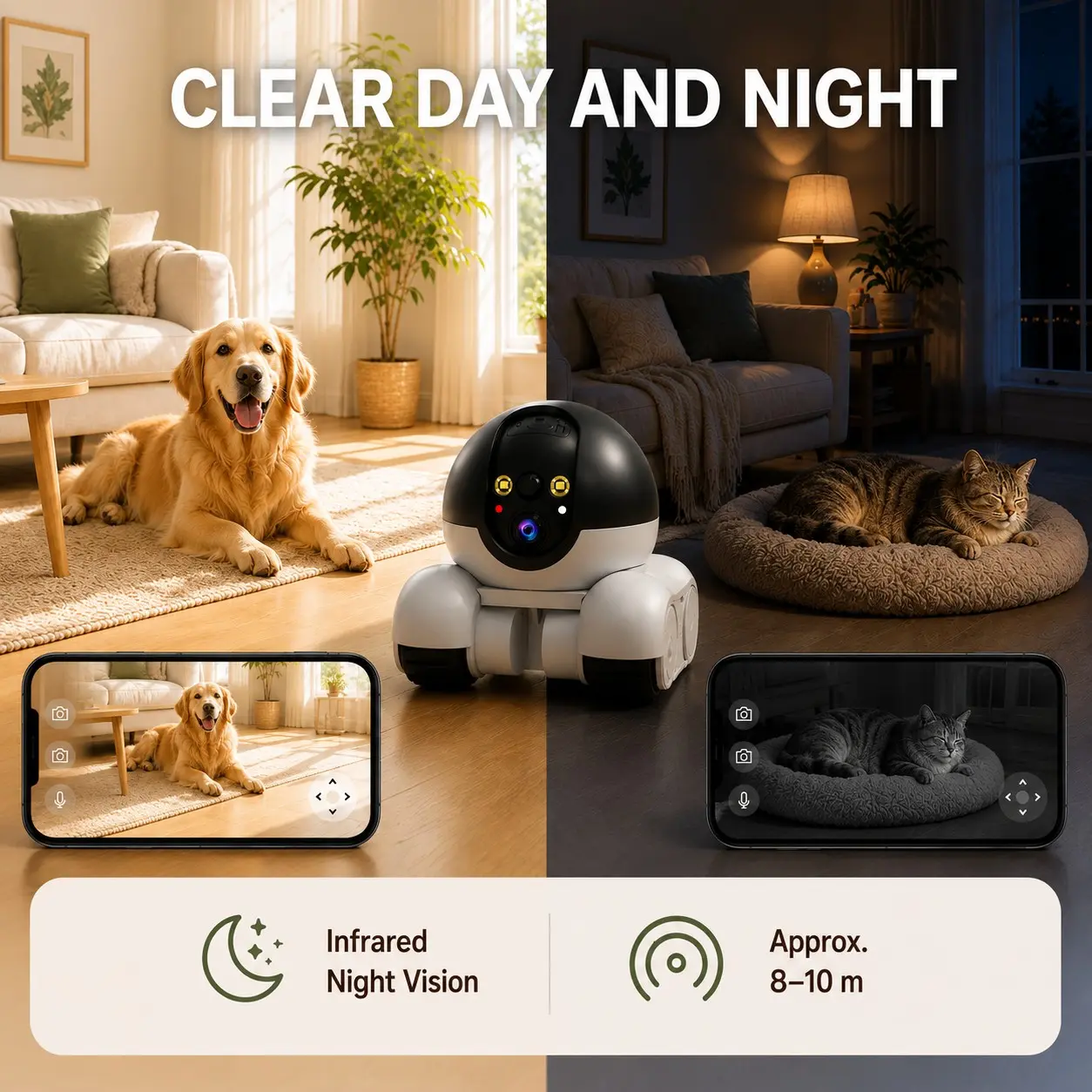 Robot Camera Wheeled Home Security Monitor Dual 1080P Front Rear Camera Split Screen View Built in Full Color Night Vision Remote Drive Two Way Audio Pet Movement Alert Indoor Household Monitor Wifi Security Camera