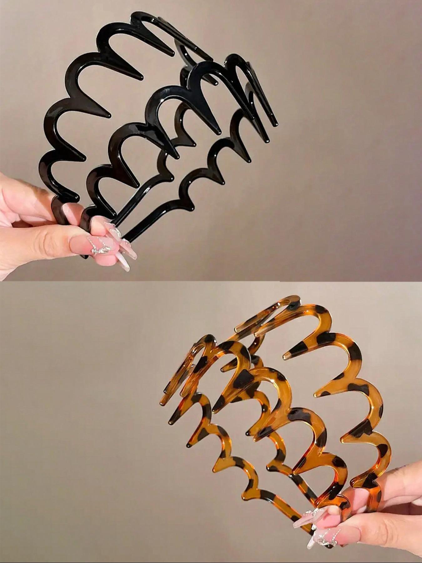 4pcs U-Shaped Wave Comb Forehead Hairband, Wavy Headband, Anti-Slip Fine Transparent Headband, Unisex Leopard Pattern, Casual Style, All-Season Hair Accessory
