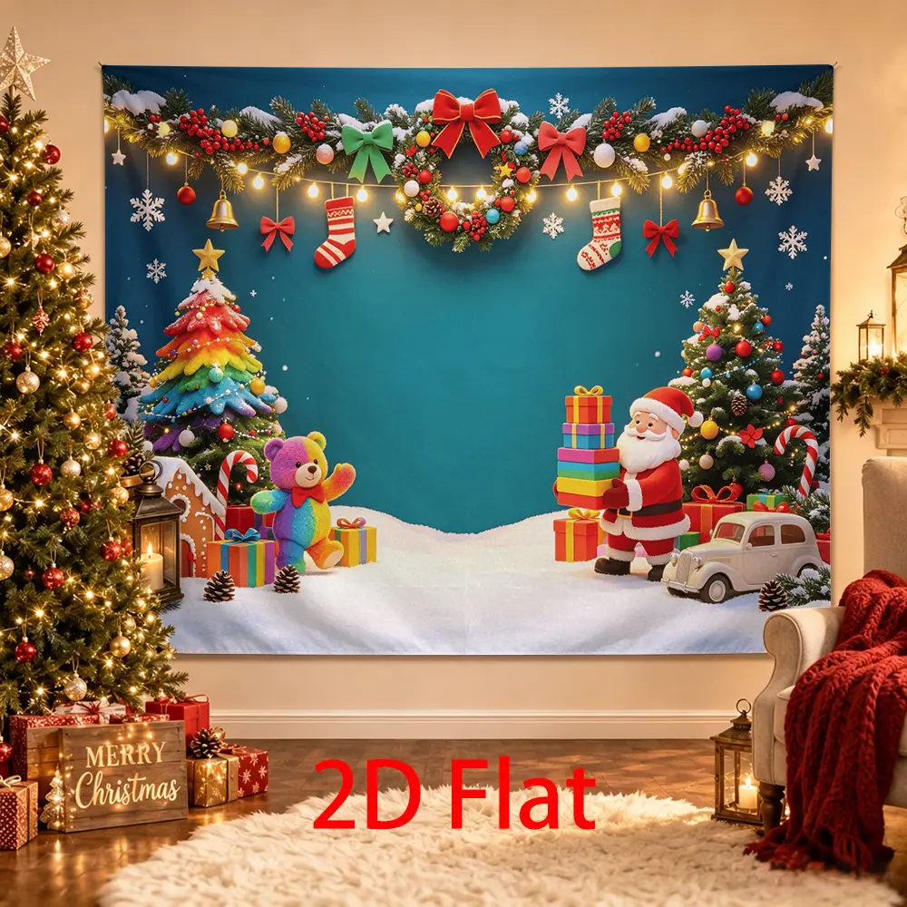 Christmas Backdrop with Santa, Rainbow Tree, Wreath, Gifts and String Lights for Holiday Party Photography