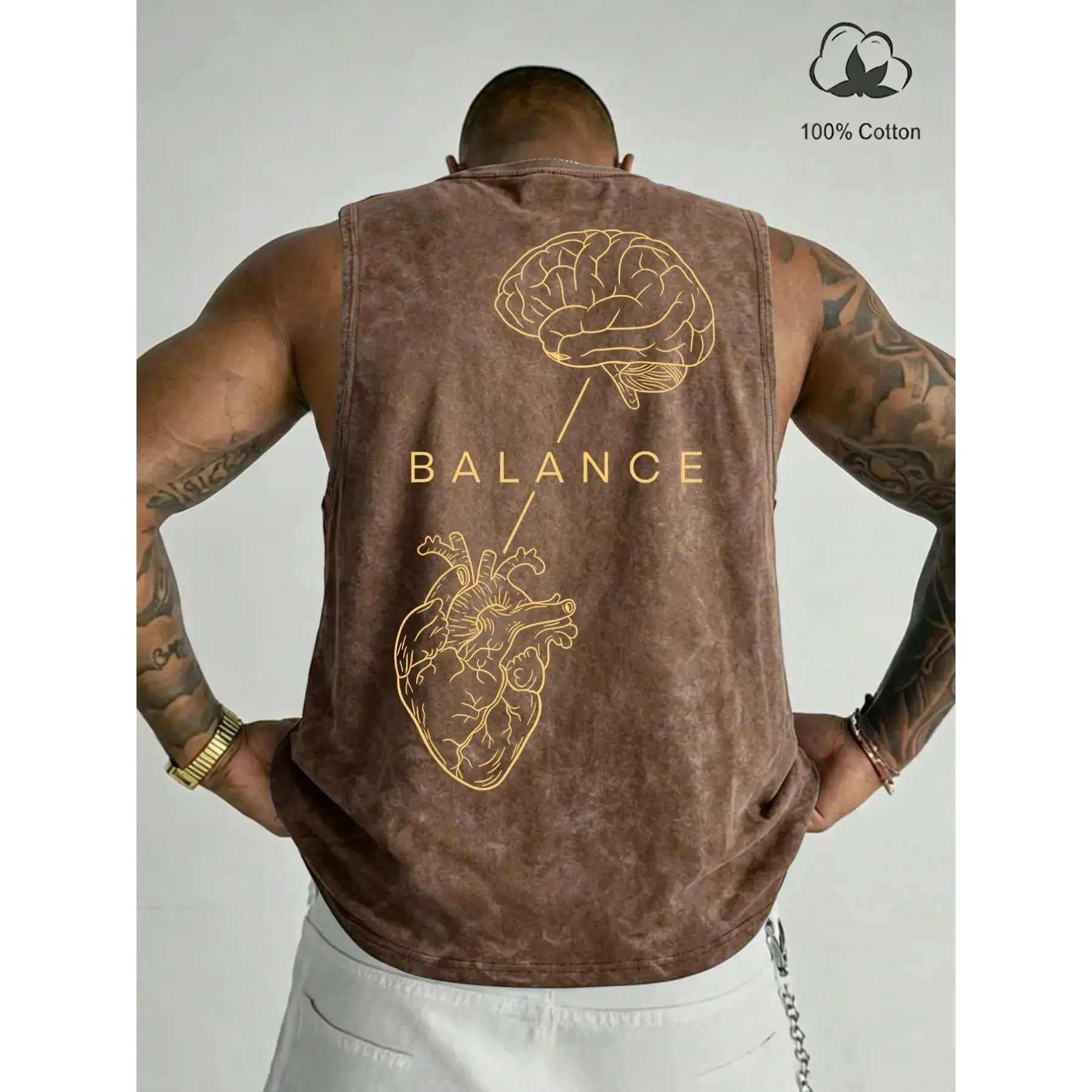 100% Cotton Vintage Wash Sleeveless Tank Top, Brain Heart Balance Minimal Line Art Letter Back Print Loose Fit Casual Gym Sleeveless Activewear Streetwear Graphic Vest # BalanceTankTop # LineArtPrint # VintageGymVest # MensStreetwear # TikTokMadeMeBuyIt