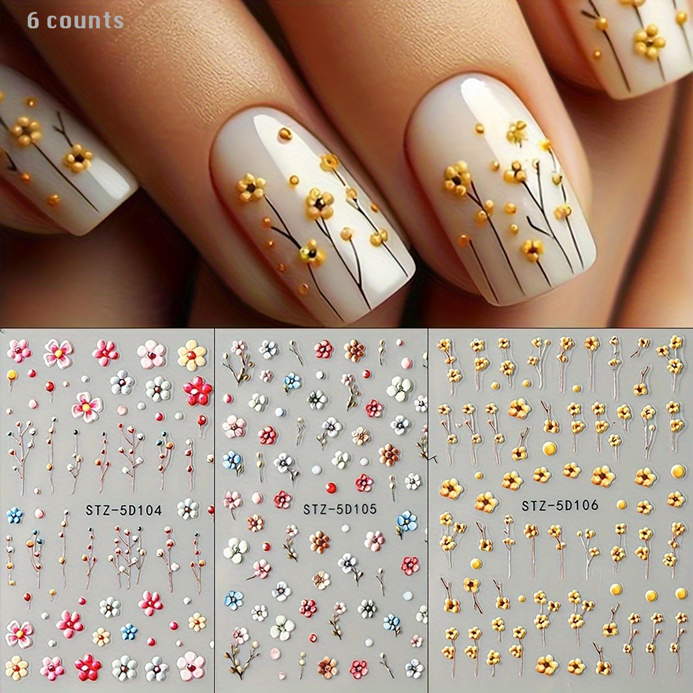 5D Embossed Daisy Design Nail Art Stickers, 6 Counts/set Flower Design Nail Art Decals, Self Adhesive Nail Art Supplies for Women and Girls, Christmas, Christmas Gift