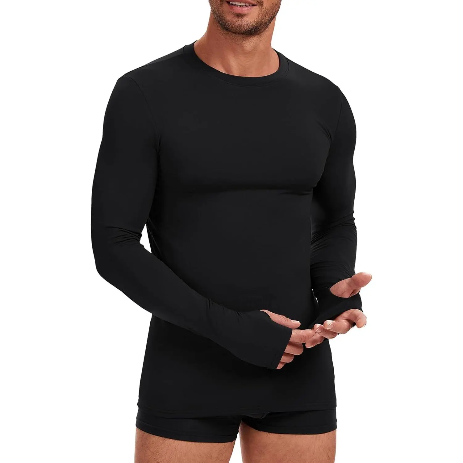 Men's Fleece-Lined Thermal Long-Sleeve Baselayer Undershirt with Thumb Holes for Winter Cold Weather, Menswear