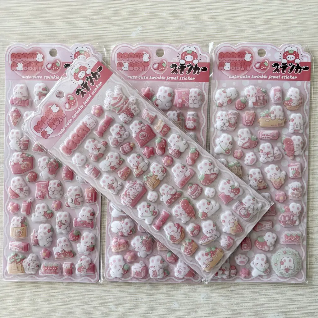 Cute Berry Bunny Puffy Sticker Set 4 Pack Decorative Foam Decals for Scrapbook Journal Planner DIY Collage Crafts