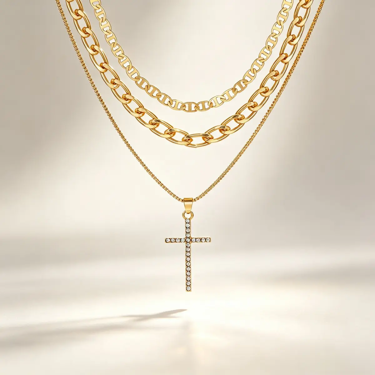 3-Layer Cross Pendant Necklace with Fixed Box+Figaro+Cuban Chains - Modern Gold Plated Alloy Metal Jewelry for Unisex Everyday Wear, Anti-Tangle Design