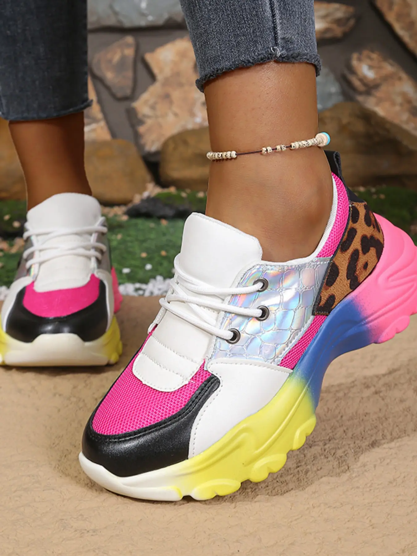 Women's Rainbow Gradient Sneakers, Casual Rubber Sole, Breathable Fabric Upper, Anti-Slip, Lightweight, Trendy Streetwear Shoes