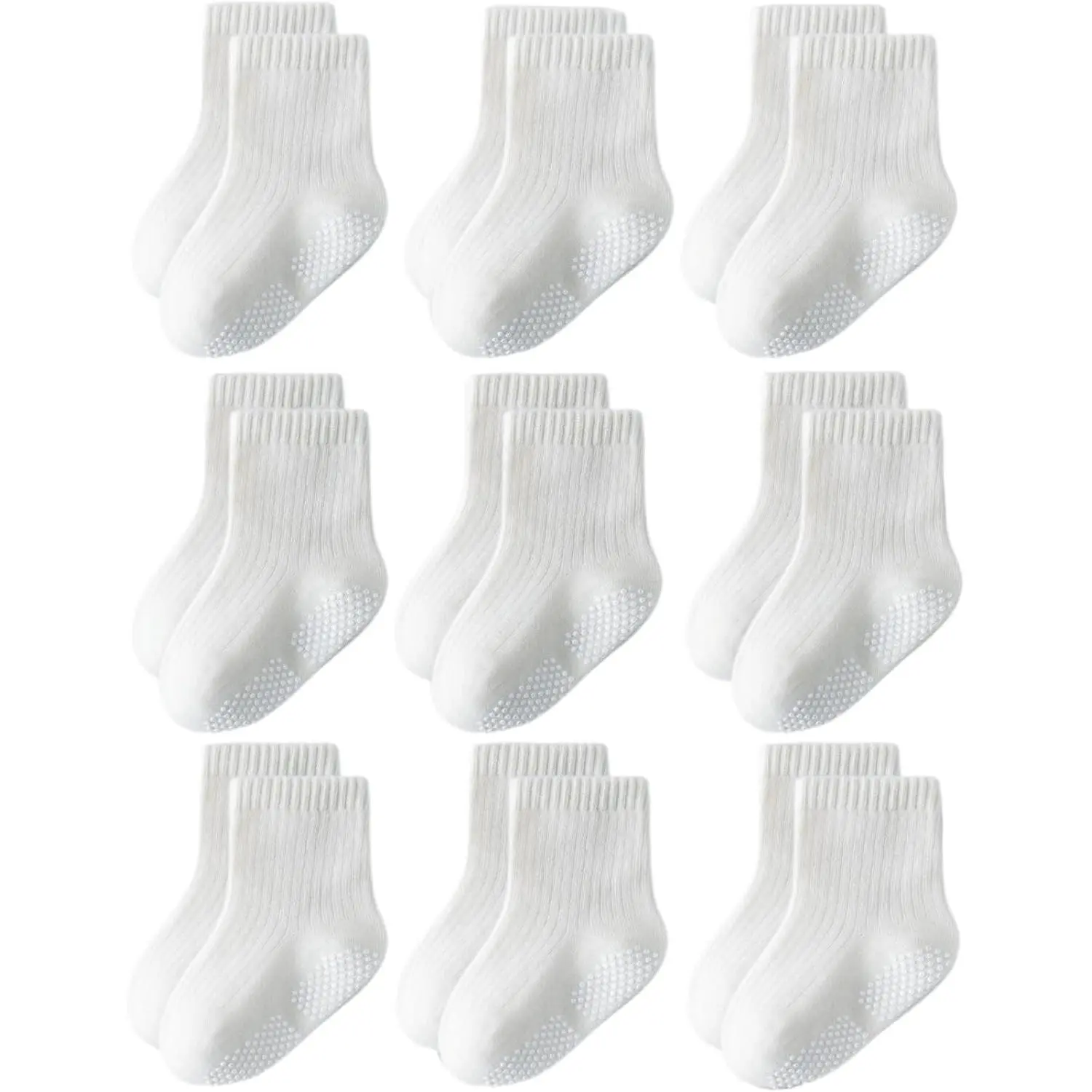 9-Pair Non-Slip Grip Crew Socks for 3-12 Months Infants, Cute Seamless Solid Plain Cotton Daily Wear Socks for Baby Boys & Girls, Affordable Prices, 9 Pairs, All Seasons, Assorted 1 - 9 Pairs