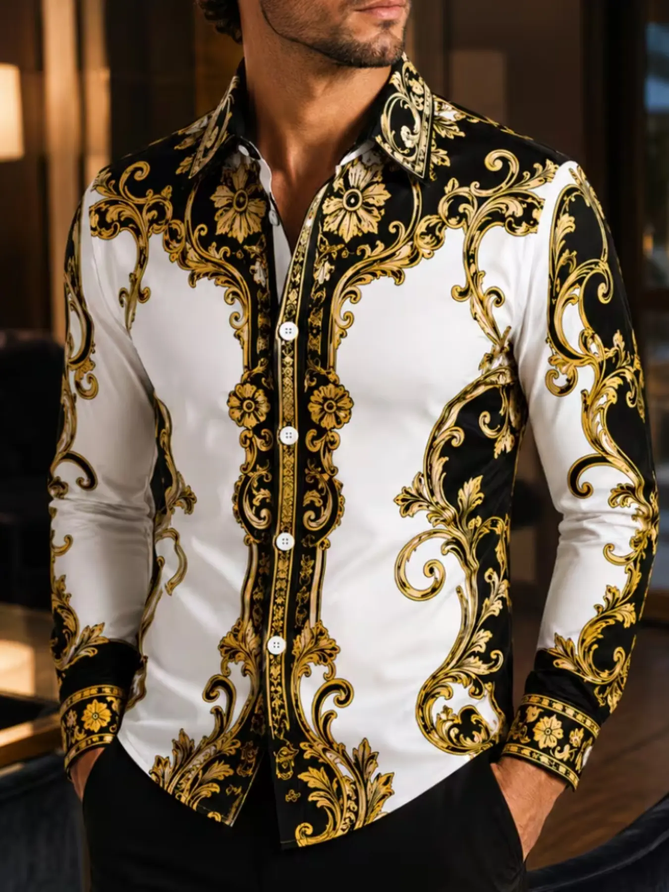 Men's Ethnic Style Long Sleeve Shirt, Casual Slim-Fitting Top, Full Placket Design, All-Season Wear, Unlined Clothing, Casual Outings Shirt