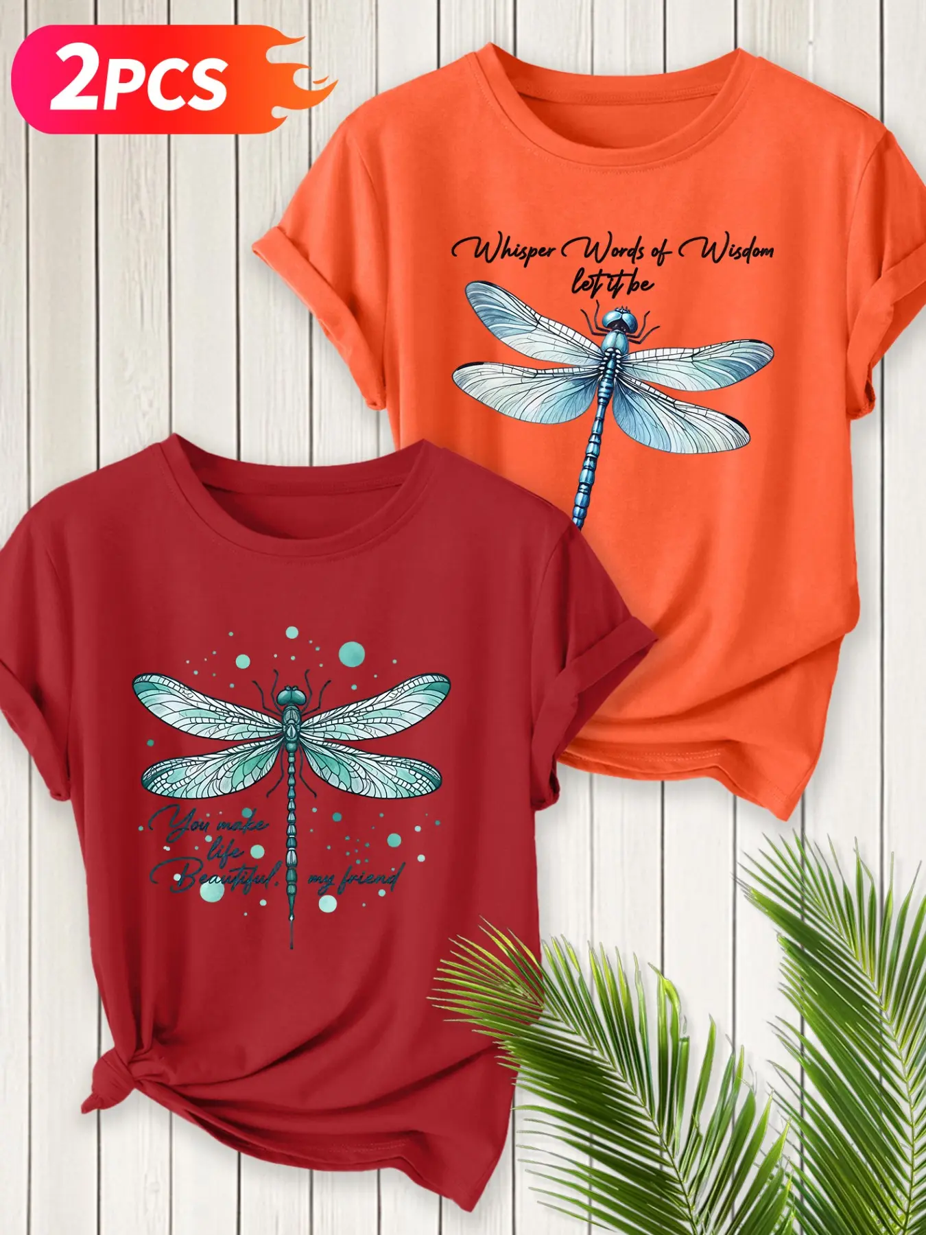 2Pcs Women Crew Neck T-Shirt, Exquisite Transparent Dragonfly With Inspiring Text Art Print, Multi-color Washable Spring Summer Top, Soft Skin-friendly Fabric Daily Versatile Fashion Design