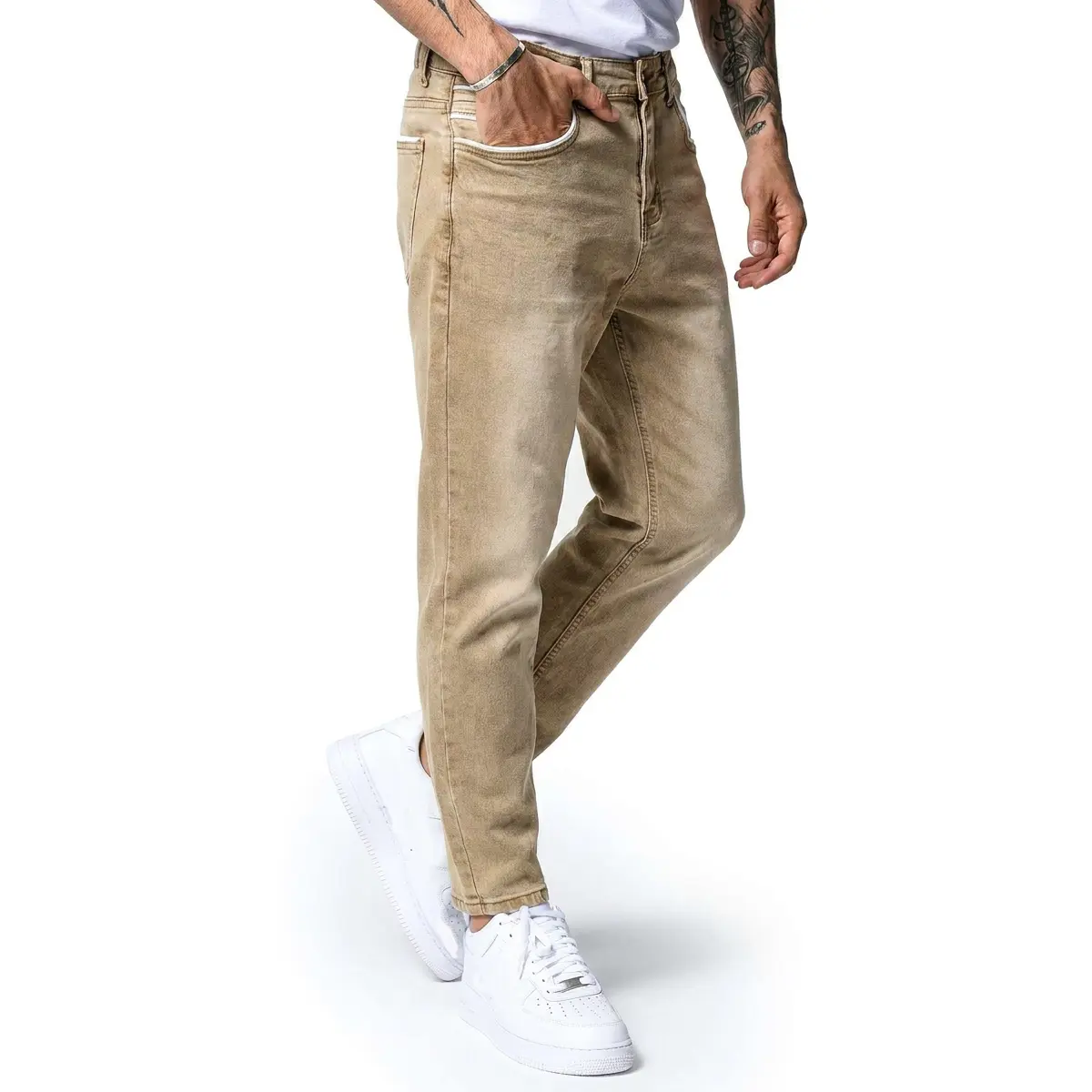 Timeless Vintage Khaki Slim Tapered Jeans, Faded Washed Mid-Waist Denim Trousers Featuring Distinct White Stitching Pocket Craft, Minimal Retro Streetwear Pants For Casual Commute And Street Photography Styling`