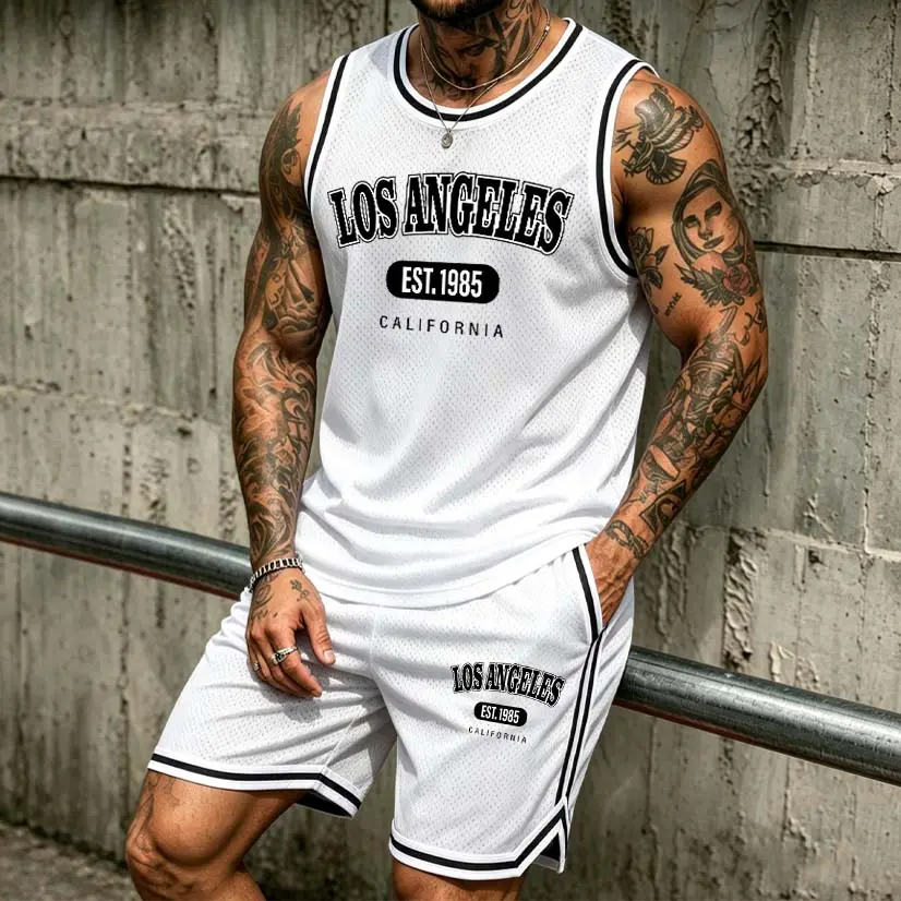 Men's Los Angeles Est.1985 Athletic Set: Mesh Basketball Jersey & Shorts Two-Piece Combo — Lightweight, Breathable Sportswear